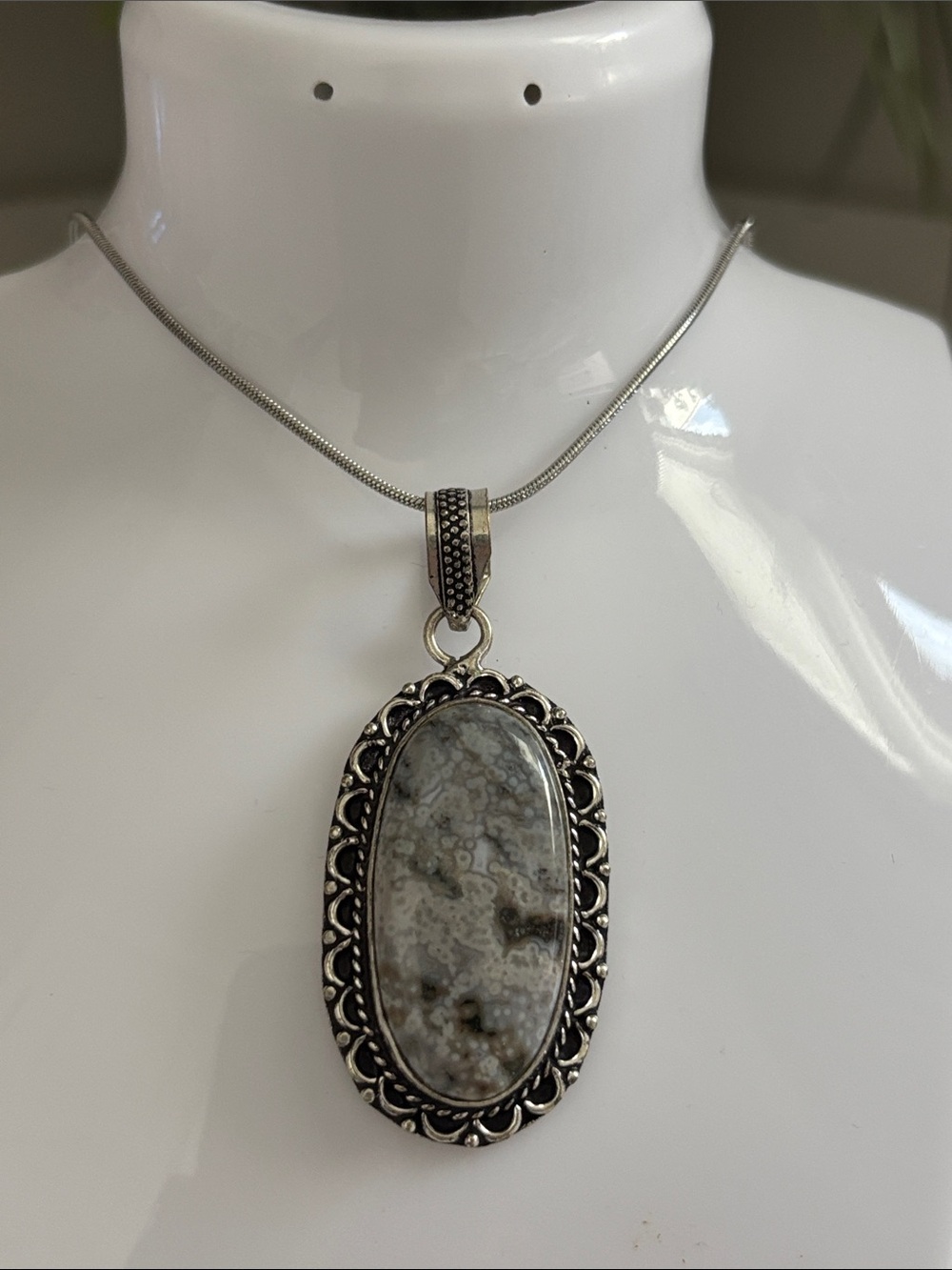 Silver Gray Ocean Jasper Gemstone Pendant Necklace